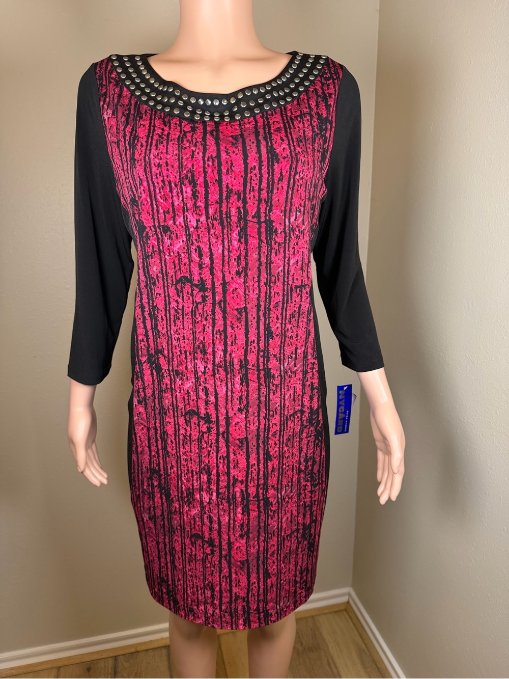 Peter Nygard Pink and Black Studded-Neck Sheath Dress